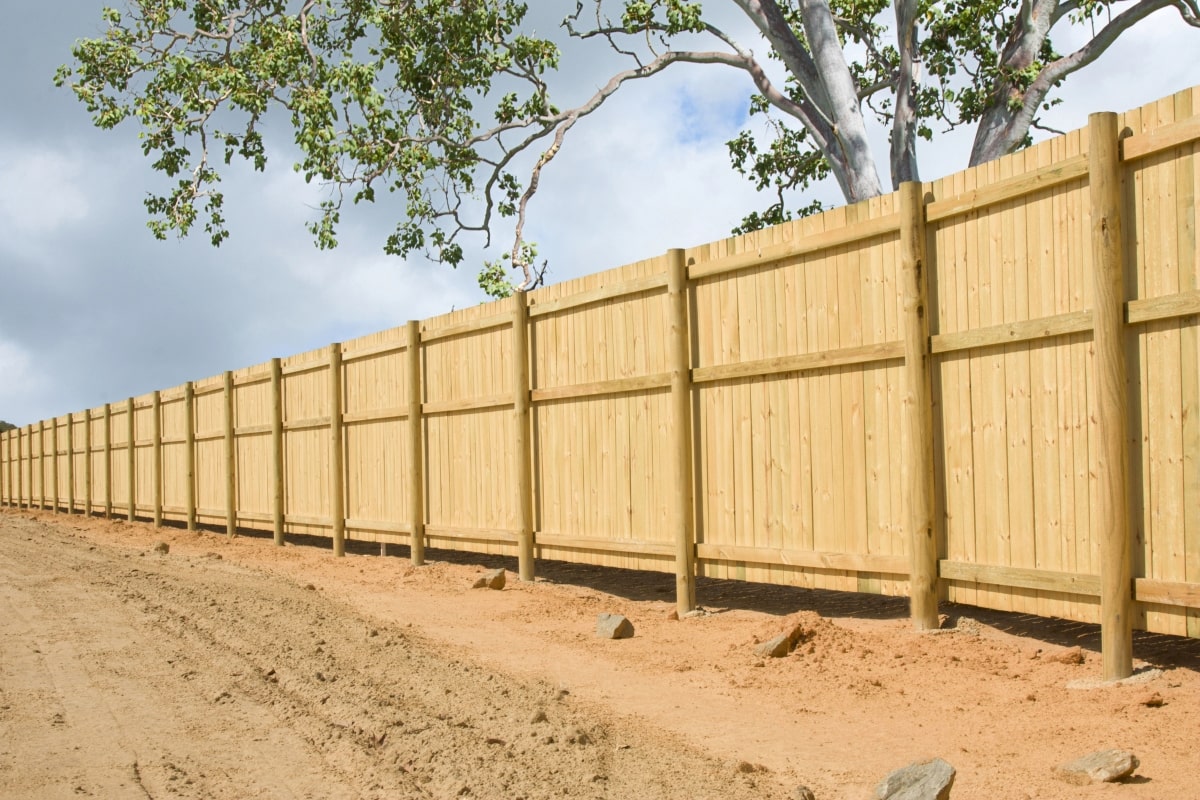 A solid panel fence built from wood for privacy.
