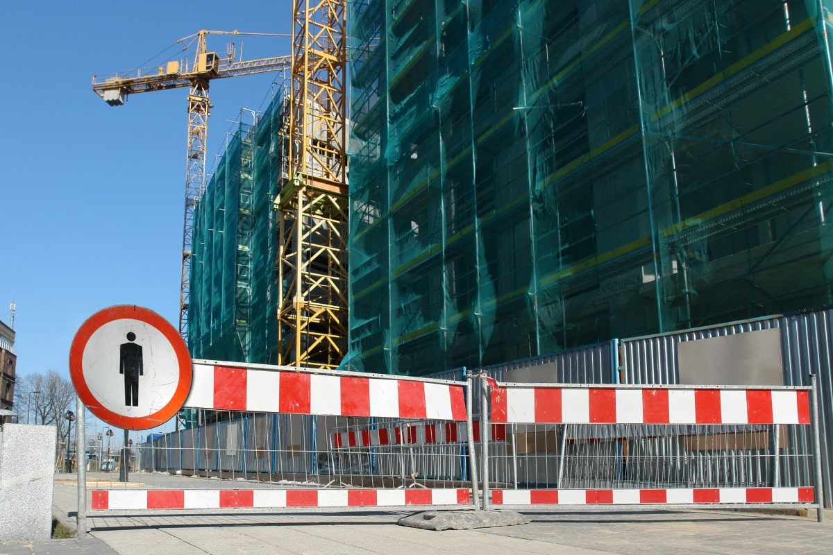 Road barriers to manage traffic into a large construction site.