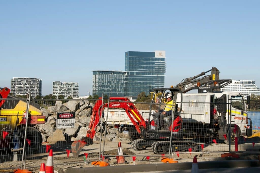 Construction of the Matagarup Bridge in Perth, Western Australia. Temporary fencing is installed to keep people out.