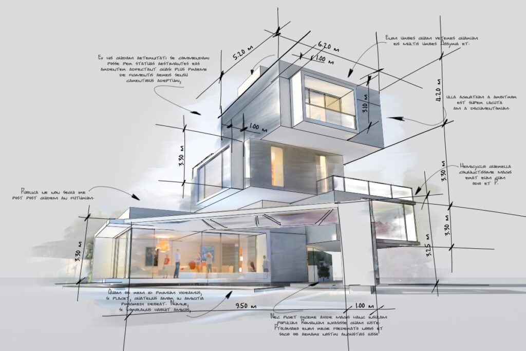 Graphic representing specifications for the construction of a house.